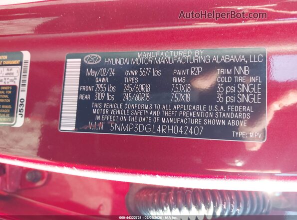 5NMP3DGL4RH042407 2024 HYUNDAI SANTA FE Red Engine compartment view