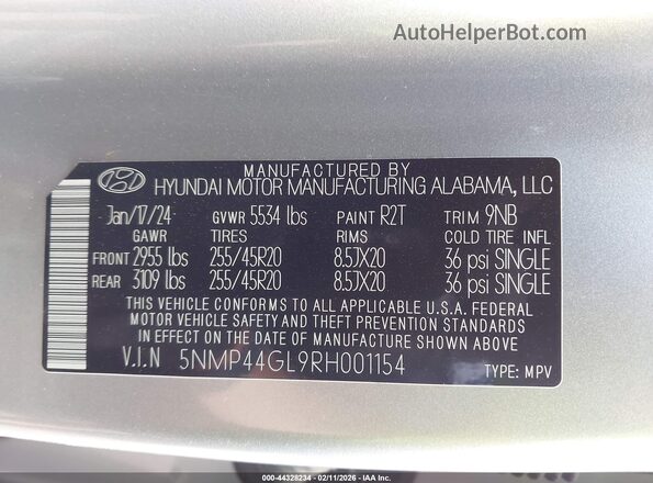 5NMP44GL9RH001154 2024 HYUNDAI SANTA FE Silver 