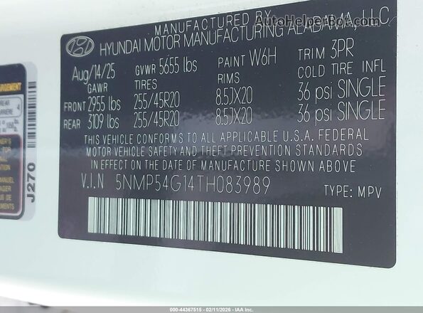 5NMP54G14TH083989 2026 HYUNDAI SANTA FE HYBRID White Շարժիչի բաժամունքի տեսք