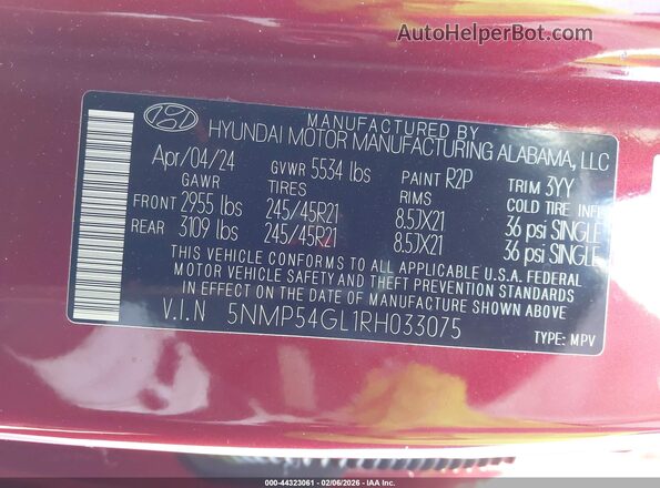 5NMP54GL1RH033075 2024 HYUNDAI SANTA FE CALLIGRAPHY Red Vista del compartimento del motor