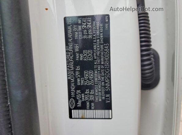 5NMP5DG13RH005843 2024 HYUNDAI SANTA FE CALLIGRAPHY White Vista de la etiqueta del VIN