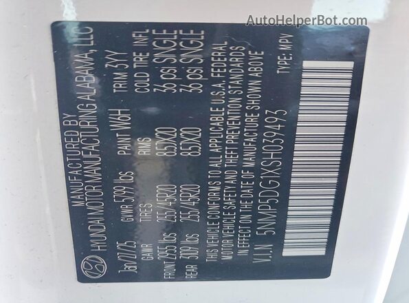 5NMP5DG1XSH039493 2025 HYUNDAI SANTA White Вид наклейки з VIN-кодом