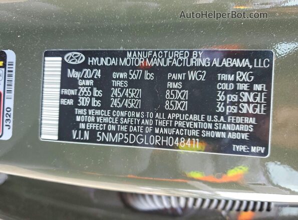 5NMP5DGL0RH048411 2024 HYUNDAI SANTA FE CALLIGRAPHY Зеленый Вид наклейки с VIN-кодом