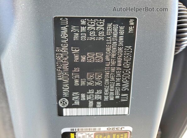 5NMP5DGL4RH059234 2024 HYUNDAI SANTA FE CALLIGRAPHY Charcoal Vista de la etiqueta del VIN