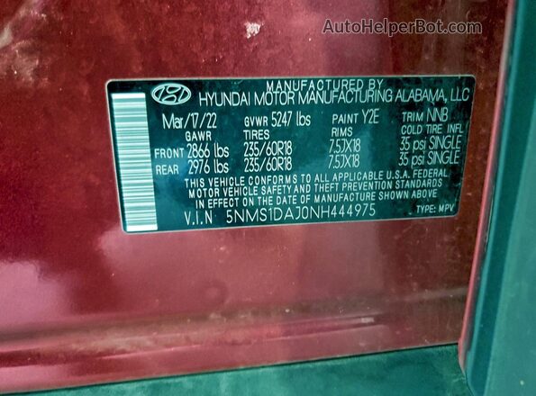 5NMS1DAJ0NH444975 2022 HYUNDAI SANTA Красный Вид наклейки с VIN-кодом