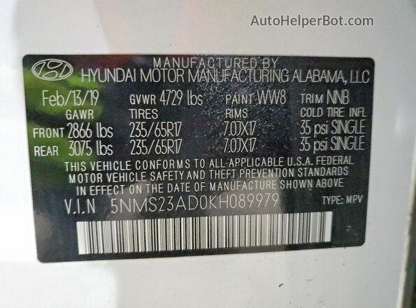 5NMS23AD0KH089979 2019 HYUNDAI SANTA White 