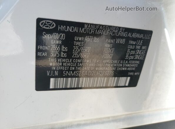 5NMS23AD2LH273273 2020 HYUNDAI SANTA White VIN კოდის სტიკერის ხედი