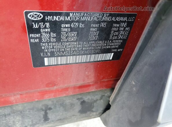 5NMS23AD3KH013091 2019 HYUNDAI SANTA Красный 
