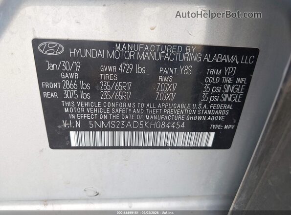 5NMS23AD5KH084454 2019 HYUNDAI SANTA FE Silver 