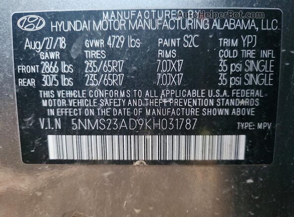 5NMS23AD9KH031787 2019 HYUNDAI SANTA Gray 