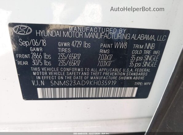 5NMS23AD9KH035919 2019 HYUNDAI SANTA FE White 