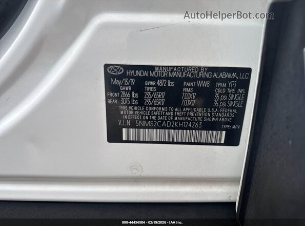5NMS2CAD2KH124263 2019 HYUNDAI SANTA FE White 