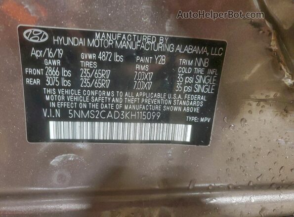 5NMS2CAD3KH115099 2019 HYUNDAI SANTA Tan 
