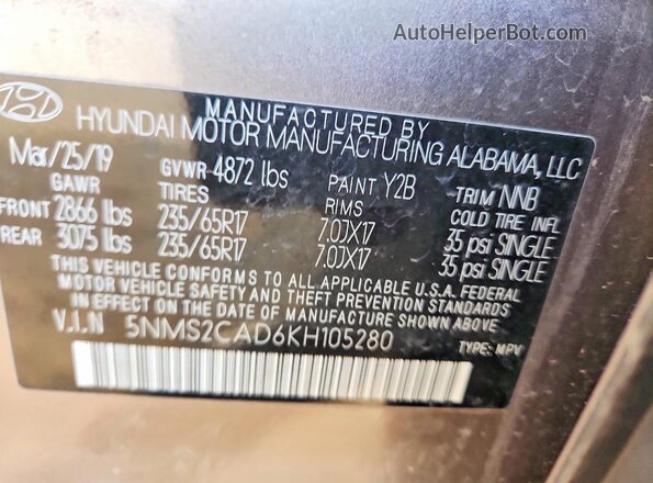 5NMS2CAD6KH105280 2019 HYUNDAI SANTA Brown 