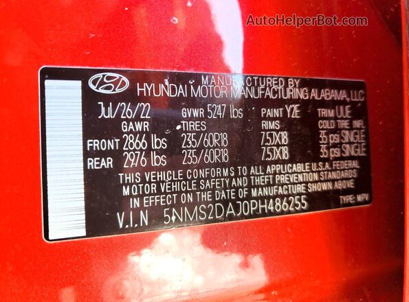 5NMS2DAJ0PH486255 2023 HYUNDAI SANTA Red VIN sticker view