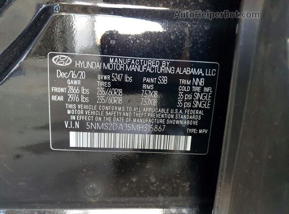 5NMS2DAJ5MH315867 2021 HYUNDAI SANTA Black 