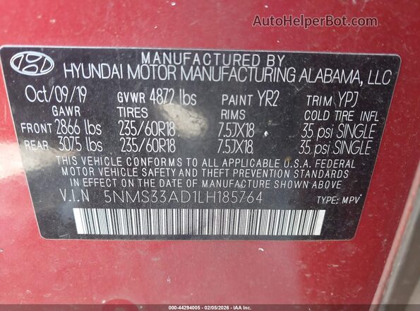 5NMS33AD1LH185764 2020 HYUNDAI SANTA FE Красный Вид подкапотного пространства
