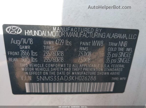 5NMS33AD3KH026288 2019 HYUNDAI SANTA FE White Widok komory silnika