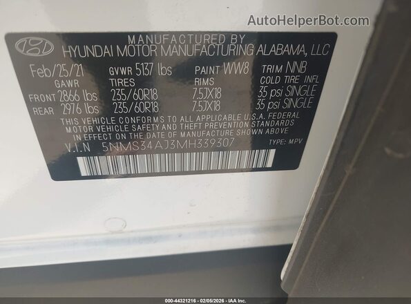 5NMS34AJ3MH339307 2021 HYUNDAI SANTA FE White Vista del compartimento del motor