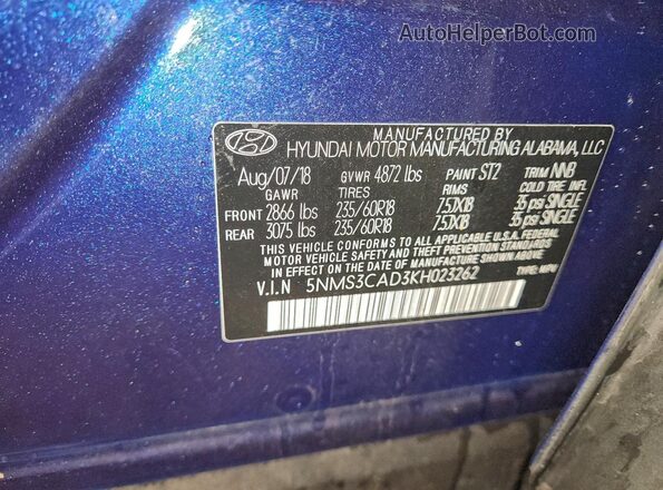 5NMS3CAD3KH023262 2019 HYUNDAI SANTA Blue 