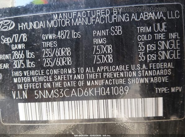 5NMS3CAD6KH041089 2019 HYUNDAI SANTA FE Black 