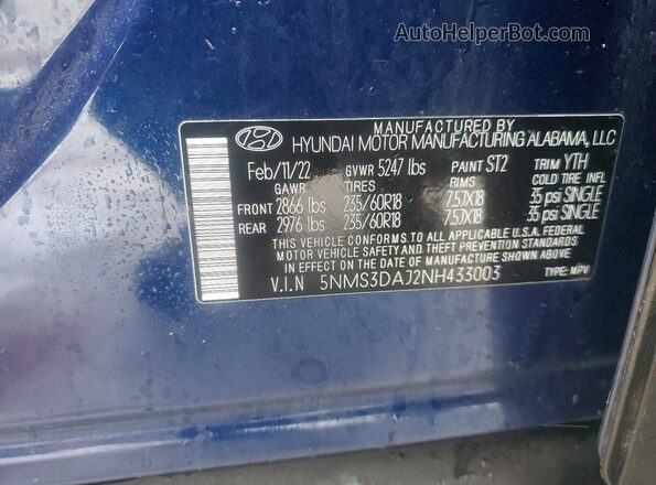 5NMS3DAJ2NH433003 2022 HYUNDAI SANTA Синий Панорамный вид салона 360°