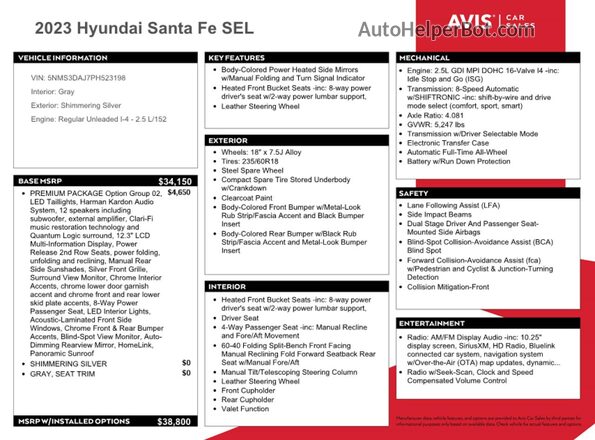 5NMS3DAJ7PH523198 2023 HYUNDAI SANTA White Вид наклейки з VIN-кодом