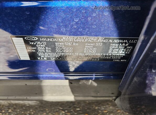5NMS54AL9NH427663 2022 HYUNDAI SANTA FE CALLIGRAPHY Blue 