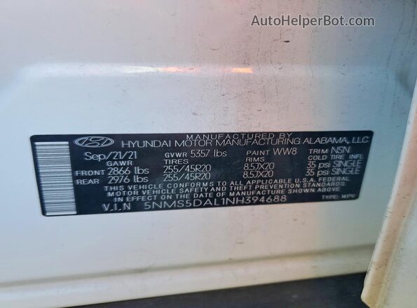 5NMS5DAL1NH394688 2022 HYUNDAI SANTA FE CALLIGRAPHY White VIN sticker view