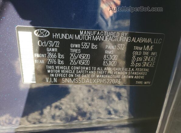 5NMS5DALXPH522073 2023 HYUNDAI SANTA FE CALLIGRAPHY Blue VIN sticker view