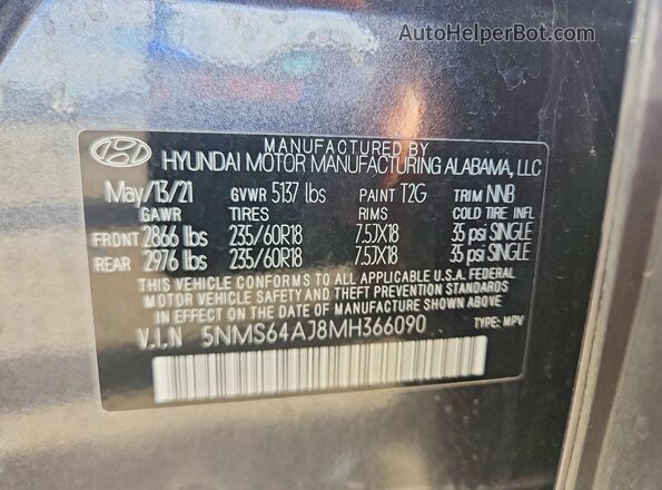 5NMS64AJ8MH366090 2021 HYUNDAI SANTA Black Widok naklejki z numerem VIN