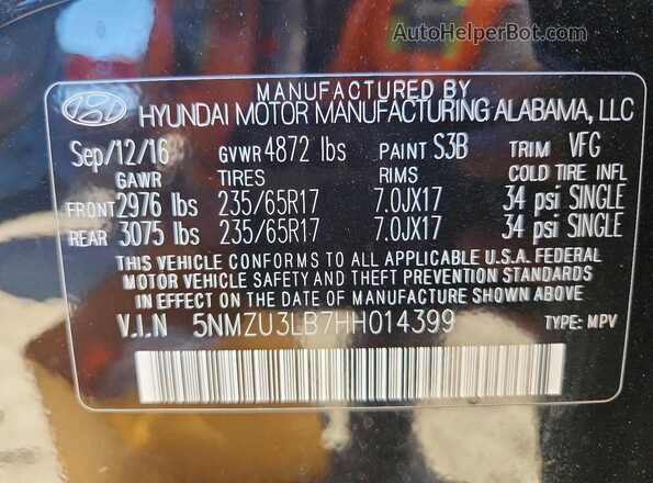 5NMZU3LB7HH014399 2017 HYUNDAI SANTA Black Панорамний вид салону 360°
