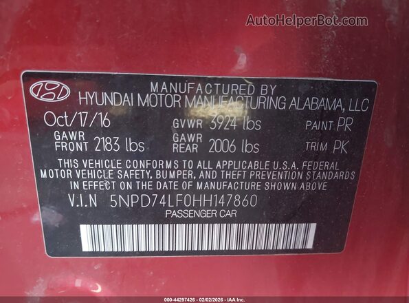 5NPD74LF0HH147860 2017 HYUNDAI ELANTRA Red Engine compartment view