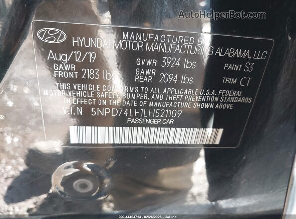 5NPD74LF1LH521109 2020 HYUNDAI ELANTRA Black Вид підкапотного простору