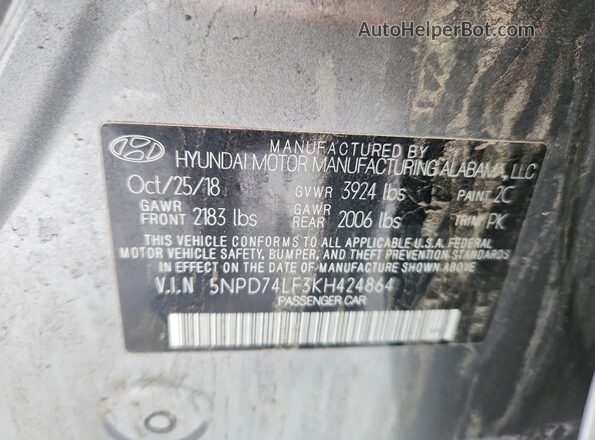 5NPD74LF3KH424864 2019 HYUNDAI ELANTRA Gray 