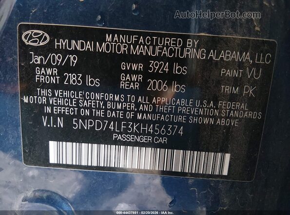 5NPD74LF3KH456374 2019 HYUNDAI ELANTRA Blue Widok komory silnika