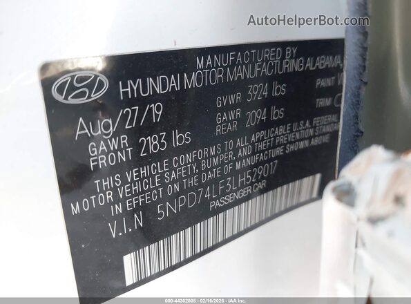 5NPD74LF3LH529017 2020 HYUNDAI ELANTRA White 