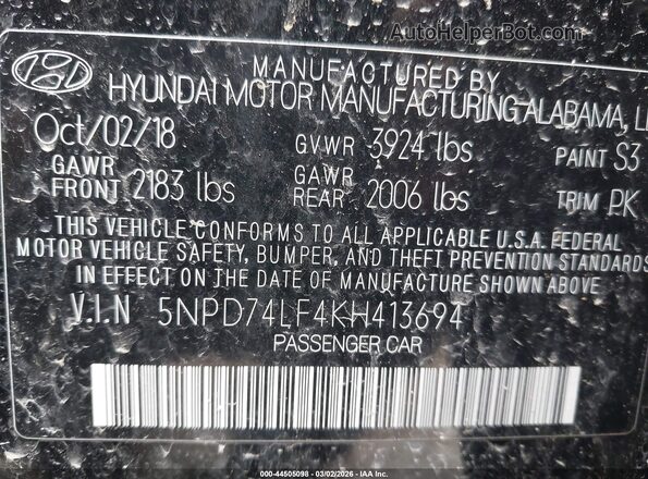 5NPD74LF4KH413694 2019 HYUNDAI ELANTRA Black Engine compartment view