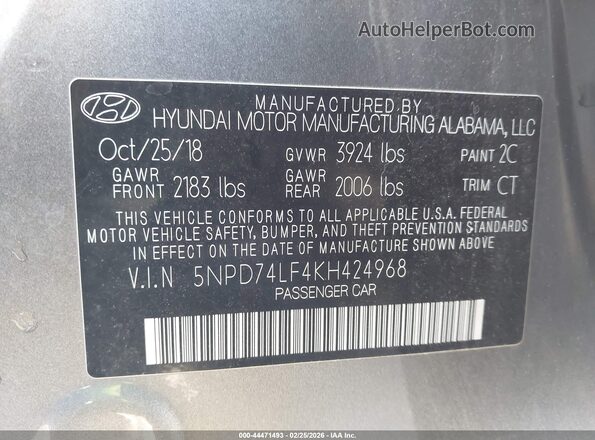 5NPD74LF4KH424968 2019 HYUNDAI ELANTRA Серый Вид подкапотного пространства