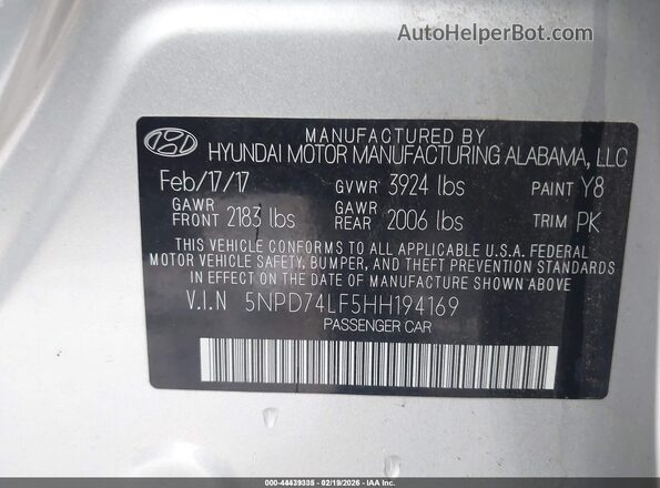 5NPD74LF5HH194169 2017 HYUNDAI ELANTRA Silver Engine compartment view