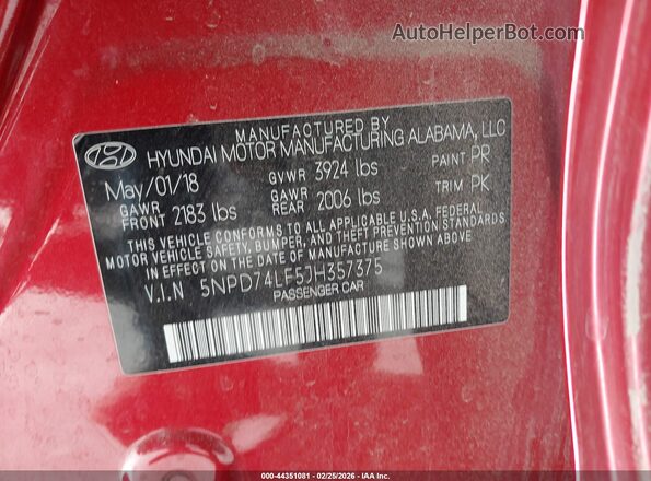5NPD74LF5JH357375 2018 HYUNDAI ELANTRA Red Vista del compartimento del motor