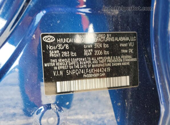 5NPD74LF6KH442419 2019 HYUNDAI ELANTRA Blue 