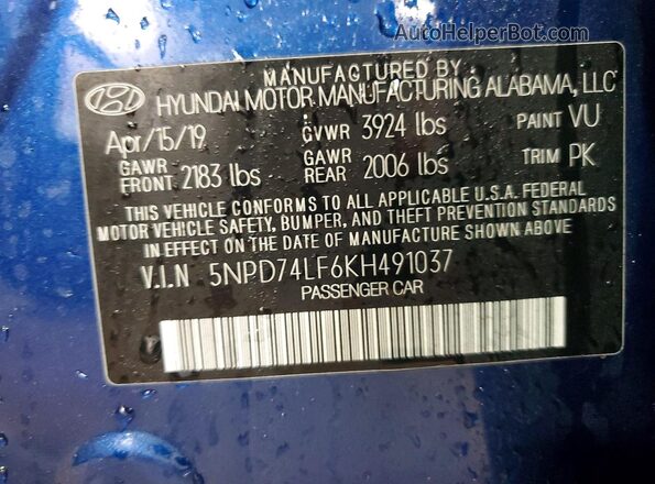 5NPD74LF6KH491037 2019 HYUNDAI ELANTRA Blue Widok komory silnika