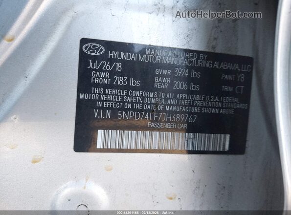 5NPD74LF7JH389762 2018 HYUNDAI ELANTRA Gray ძრავის განყოფილების ხედი
