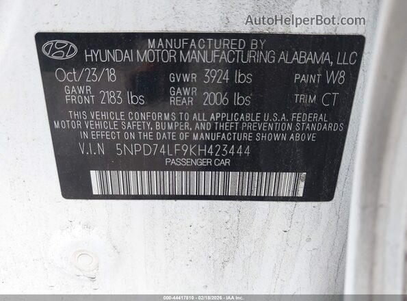 5NPD74LF9KH423444 2019 HYUNDAI ELANTRA White 