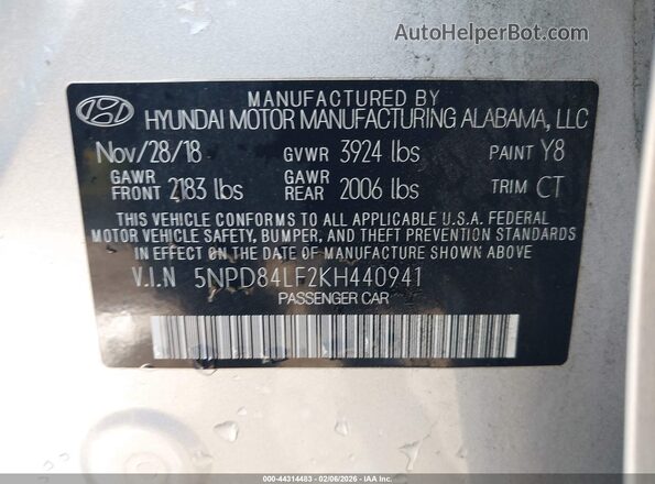 5NPD84LF2KH440941 2019 HYUNDAI ELANTRA Silver Շարժիչի բաժամունքի տեսք