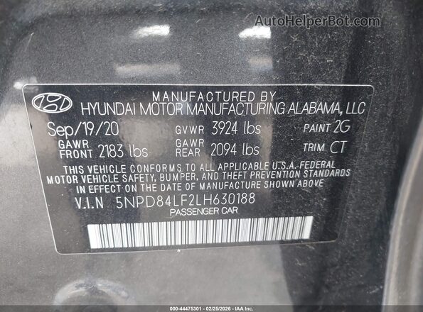5NPD84LF2LH630188 2020 HYUNDAI ELANTRA Gray Engine compartment view