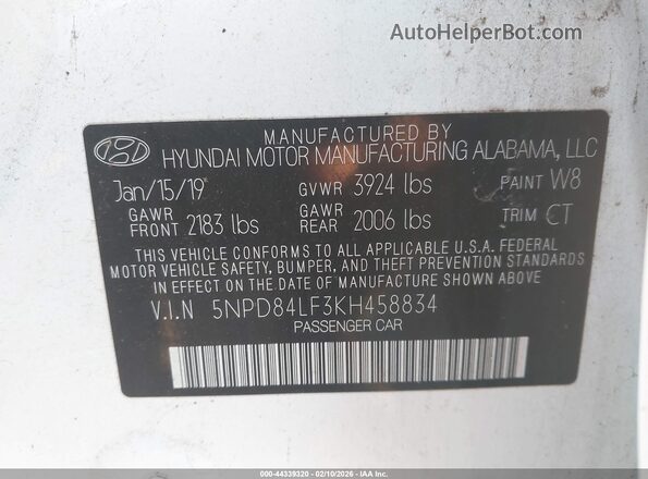 5NPD84LF3KH458834 2019 HYUNDAI ELANTRA White 