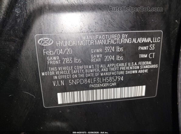 5NPD84LF3LH585794 2020 HYUNDAI ELANTRA Черный Вид подкапотного пространства