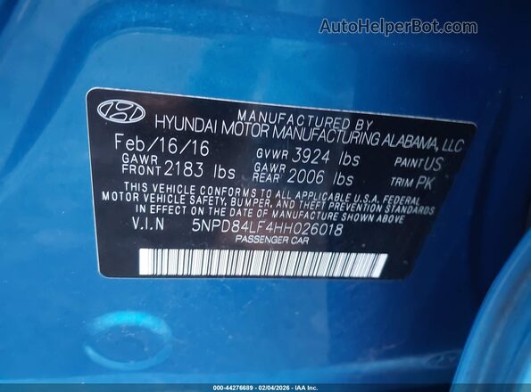 5NPD84LF4HH026018 2017 HYUNDAI ELANTRA Blue Vista del compartimento del motor